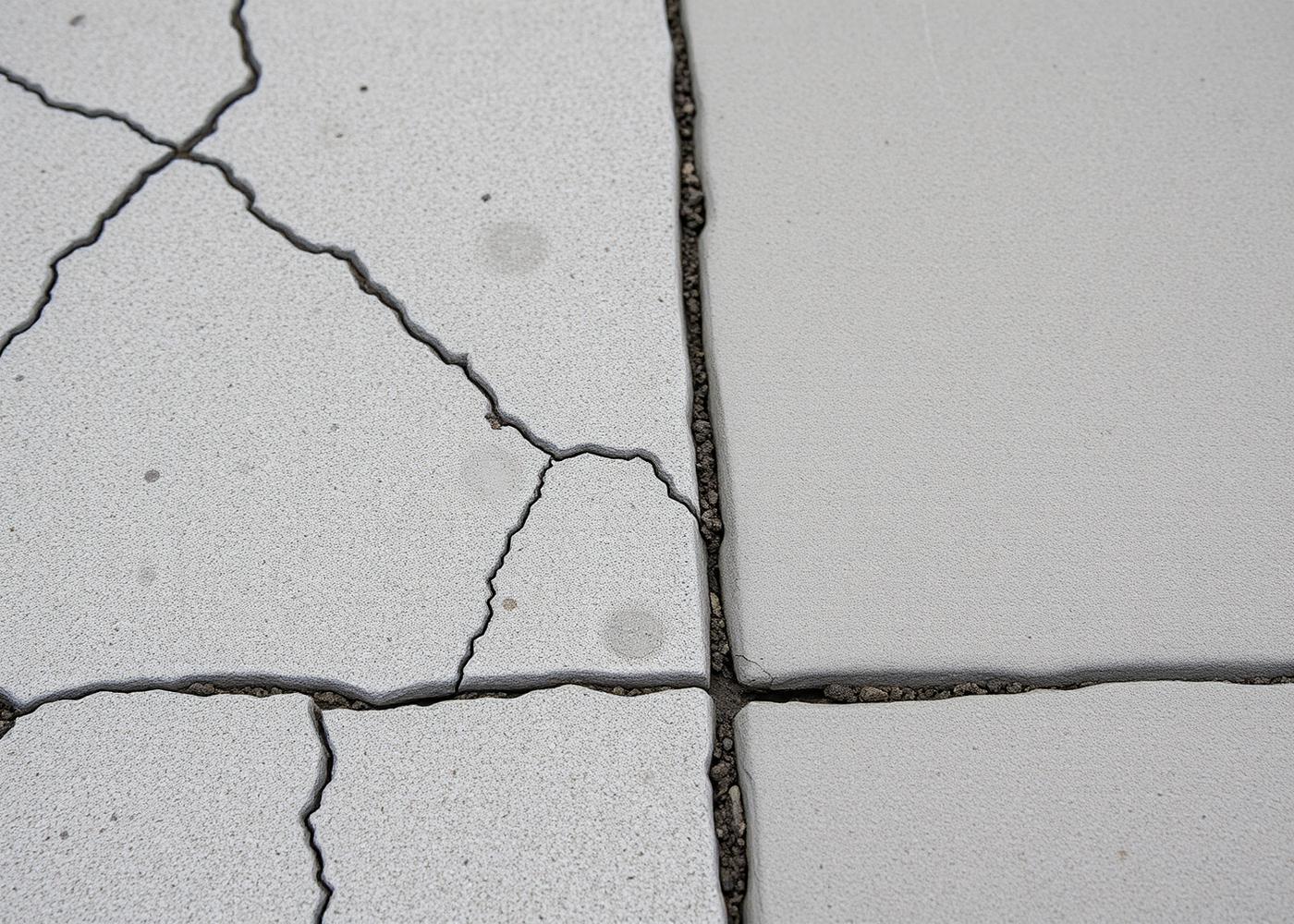 Cracked and spalled concrete slab section beside newly placed concrete
