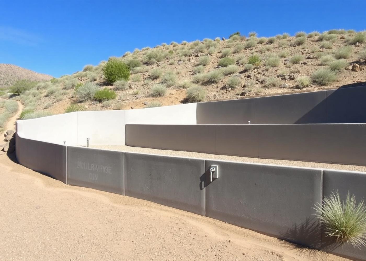 Poured concrete retaining wall stepping down a sloped high-desert lot
