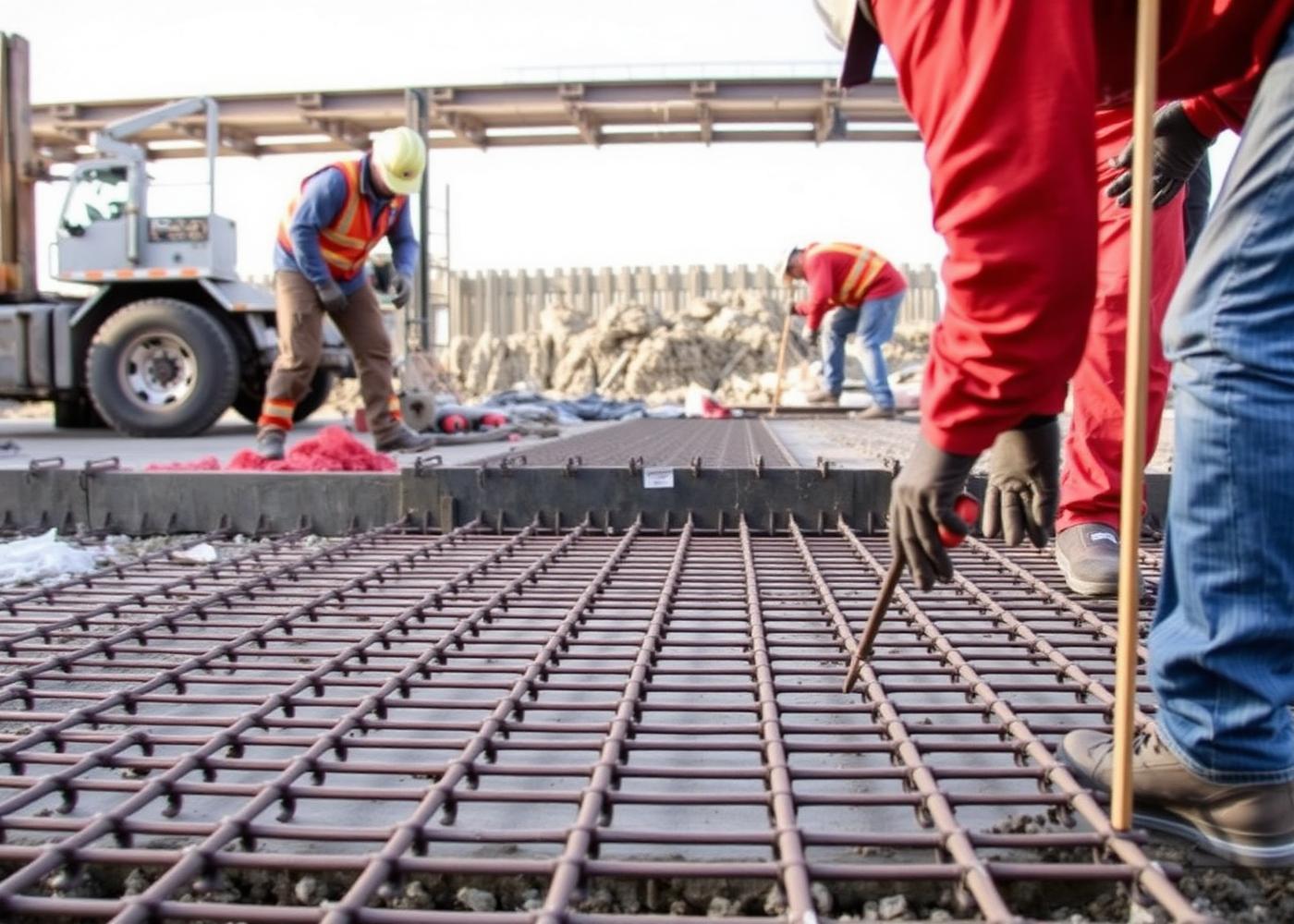 Concrete crew placing a reinforced slab over a rebar grid and vapor barrier