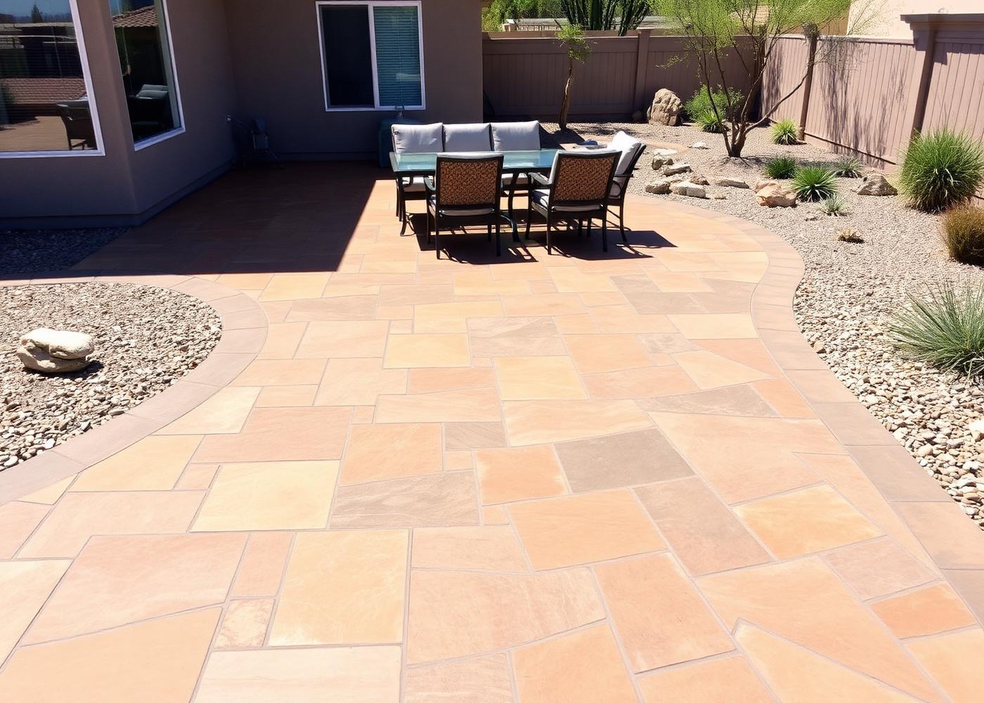 Stamped concrete patio in an ashlar slate pattern with high-desert landscaping